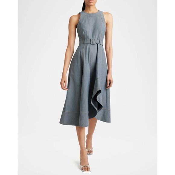 Cinq a Sept Zelda Belted Asymmetric Sleeveless Denim Midi Dress US 4 - Picture 3 of 10